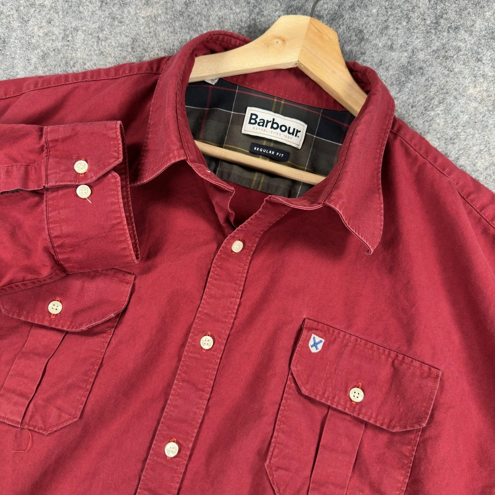 Barbour Shirt Mens XL Red Twill Dual Pocket Long Sleeve Button Front Casual